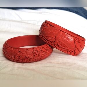 (2) Chinese Red Cinnabar Vintage Bangle Bracelet
